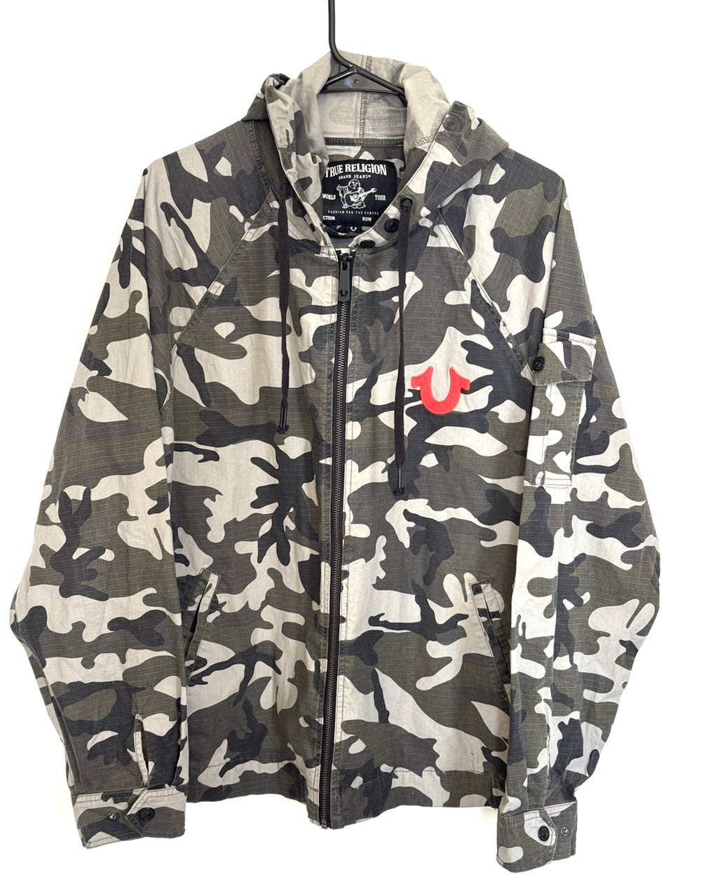 True Religion Camo Hooded Full Zip Jacket Embroidered Tiger Logo Men's Size M.